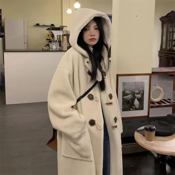 2023, Elegantne Zimske Kapute, od umjetnog Krzna S kapuljačom, Ženske Korejski Ravnici Debeli Topli kaput sa džepovima, Duge kapute, Casual odjeća